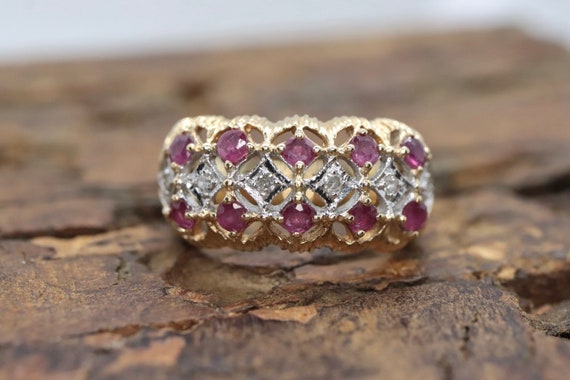 14k Ruby and Diamond Wide Cluster Filigree ring. … - image 1