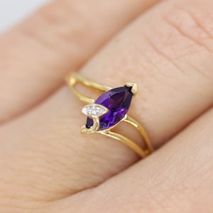 Marquise Amethyst 10k Gold ring. Amethyst and diamond Ring.