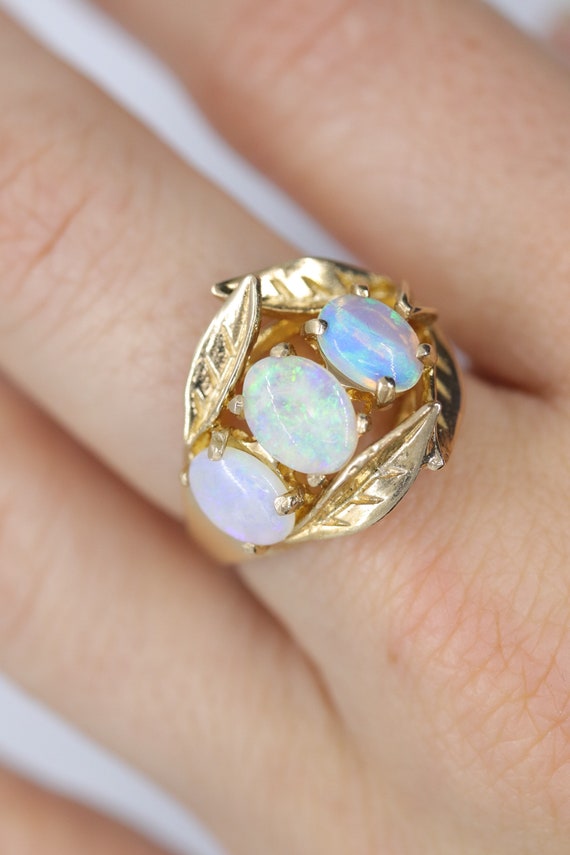 14k Opal Trio ring. Triple OPAL Crystal and Filigr