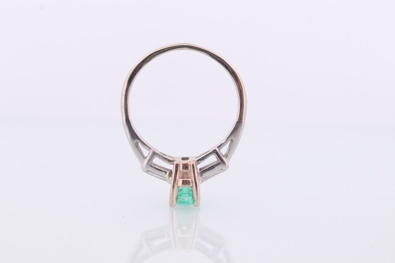 14k Oval Emerald and Baguette diamond ring. 14k white gold Green Emerald solitaire. image 6