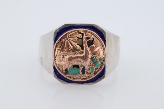 18k Heavy Signet ring. Aztec Mayan or Inca with L… - image 1