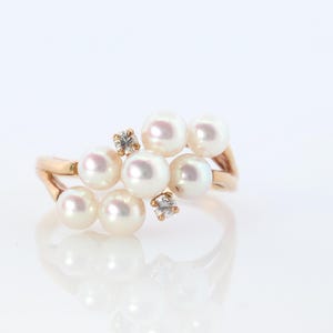 Mikimoto Ring. Vintage 18k Gold Mikimoto Pearl and Diamond Cluster. Vines Grapes