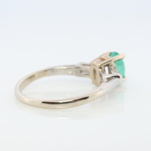14k Oval Emerald and Baguette diamond ring. 14k white gold Green Emerald solitaire. image 7