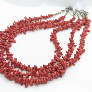 Coral Bead Necklace. Sterling Silver Three Strand RED Raw Coral beads. st(21/56)