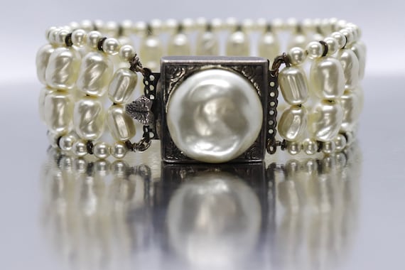 Sterling Silver Faux Pearl Bracelet. Vintage st(2… - image 1