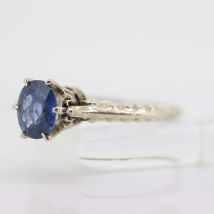 Large oval Sapphire 14k solitaire ring. 14k white gold Art deco engraved designs and high cathedral. st(63)