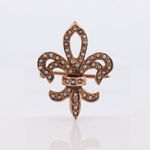 Antique Fluer De Lis Brooch. 10k Pearl Seed encrusted 19th Century French Flower Brooch Pin Pendant. st(115)