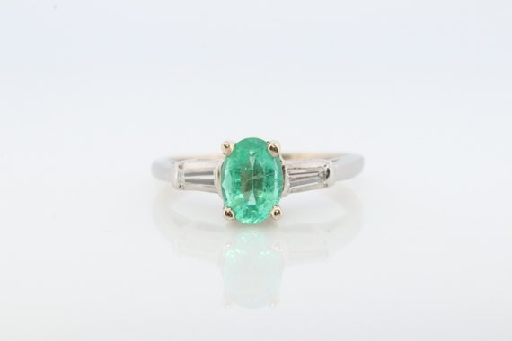 14k Oval Emerald and Baguette diamond ring. 14k white gold Green Emerald solitaire.
