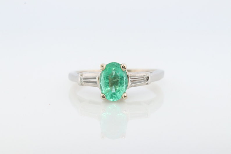 14k Oval Emerald and Baguette diamond ring. 14k white gold Green Emerald solitaire. image 1