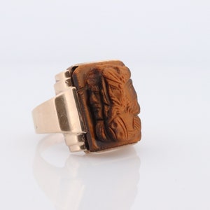 10k Tiger Eye Cameo Signet Ring. 10k rose gold Heavy Carved Warrior Gents or Mens ring.