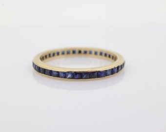 14k Gold BLUE Sapphire Full Eternity Thin Band. Thin Channel Set Princess Sapphire calibre cut Full Eternity band. st(110)