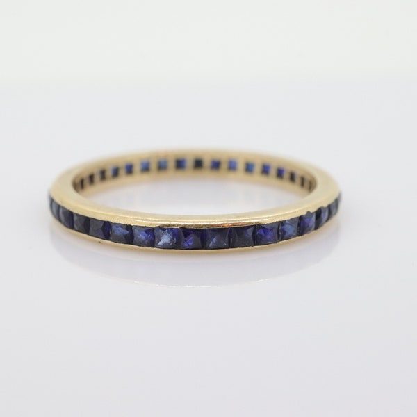 14k Gold BLUE Sapphire Full Eternity Thin Band. Thin Channel Set Princess Sapphire calibre cut Full Eternity band. st(110)