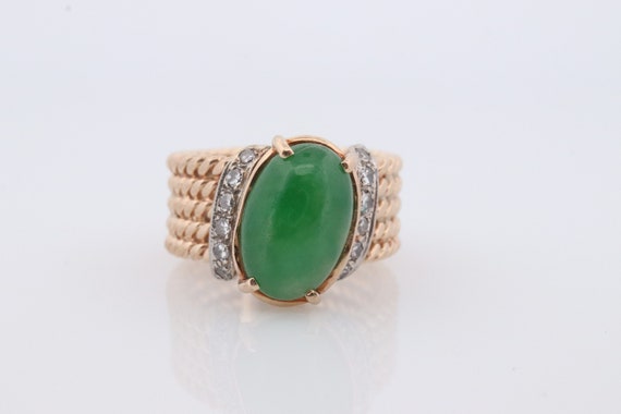 14k Apple Jade Diamond ring. Jade Cabochon Prong … - image 1