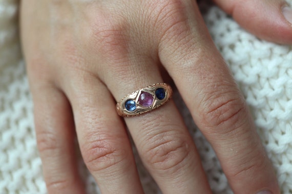 Antique 10k Triple Ruby Sapphire signet ring. Gyp… - image 2