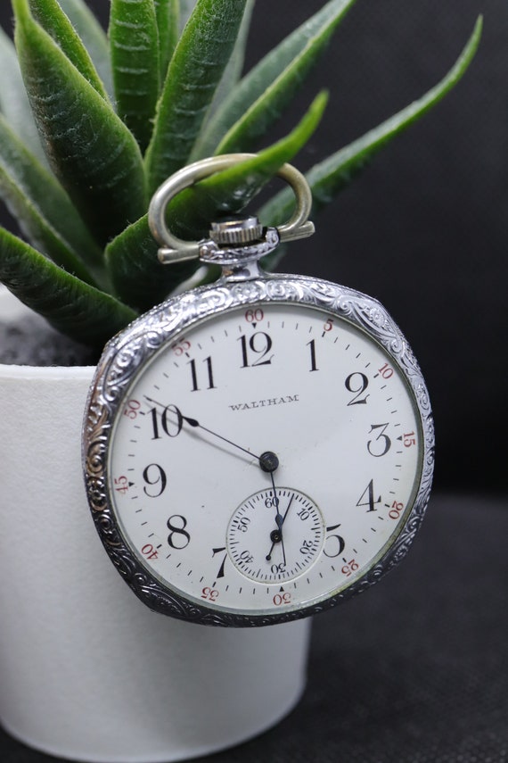 WALTHAM Silver Tone Embossed Engraved Pocket Watch