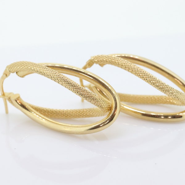 14k Gold Puffed Hollow HOOP Earrings. Intertwined Textured Loop earrings. MILOR Italy st74/75