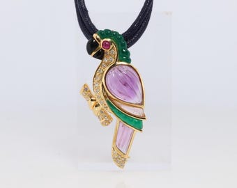 18k Parrot Colorful Pendant, Necklace Brooch. Diamond Ruby Onyx Amethyst Bird
