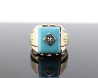 10k Turquoise and diamond ring. Heavy Mens Turquoise and center diamond multi-tone Rose green yellow gold ring. st(350)