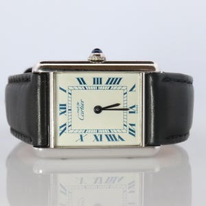 Vintage Must De Cartier Tank Watch. 925 Sterling 690006 White Blue Dial Tank