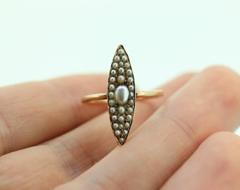 Antique 14k PEARL seed MOP cluster Marquise Navette ring. ANTIQUE Victorian Pearl seed Marquise cluster ring