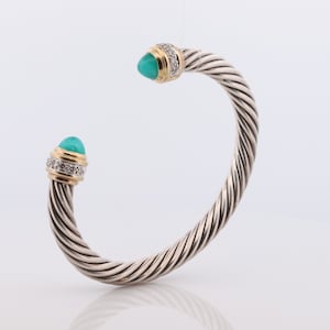 Preowned David Yurman Cuff Bracelet. 18k Sterling Silver Cable Cuff. Chalcedony and Diamond Cable Cuff Bracelet (253)