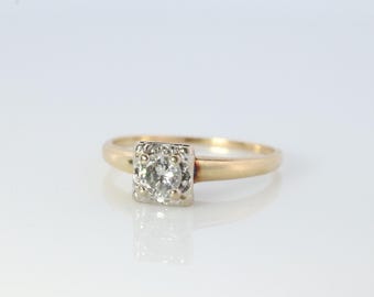 Art Deco Diamond Solitaire Square Setting Ring. 14k Yellow Gold Engagement Ring.