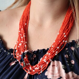 14k Coral Pearl Bead Necklace. Multi-Strand Liquid Coral beads. High Quality Coral Twisted Pearl Coral Necklace  st(108)