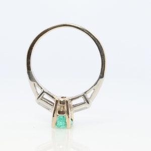 14k Oval Emerald and Baguette diamond ring. 14k white gold Green Emerald solitaire. image 8