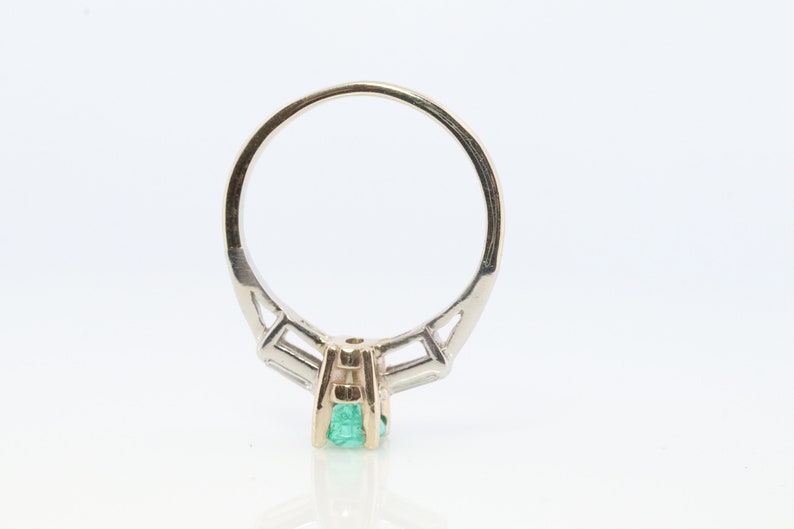 14k Oval Emerald and Baguette diamond ring. 14k white gold Green Emerald solitaire. image 8