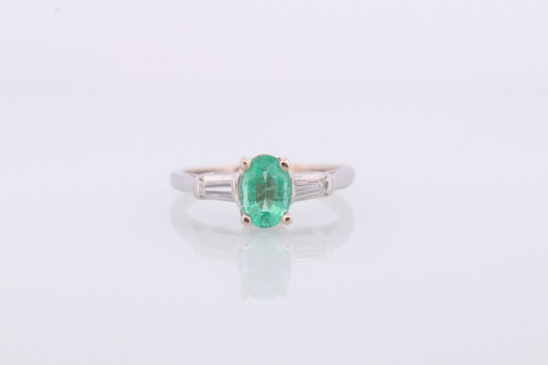 14k Oval Emerald and Baguette diamond ring. 14k white gold Green Emerald solitaire. image 5