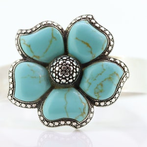 Bracciale Rigido Vintage In Argento Sterling Con Turchesi Stabilizzati - Fiori Boho Regolabile 6,5-7,5 Pollici