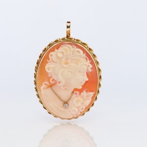 14k Yellow Gold Cameo w/ Diamond, Vintage Filigree Carved Shell Brooch Pin or Pendant. Carved Cameo Shell Pendant and Brooch.