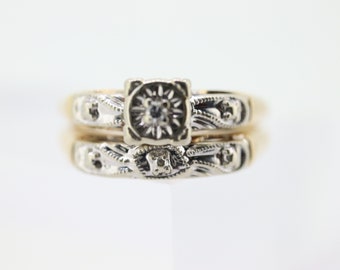 Art Deco Engagement Wedding Diamond Ring Set. Vintage 1930s or 1940s Wedding Ring Set. 14k Multi-Tone with a  Diamond. st(165)