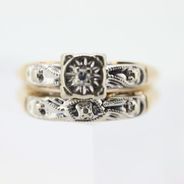 Art Deco Engagement Wedding Diamond Ring Set. Vintage 1930s or 1940s Wedding Ring Set. 14k Multi-Tone with a  Diamond. st(165)