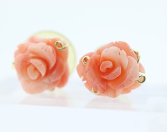 Coral Earrings. 14k Carved Coral Rose Flower Blooming Earrings. Large Carved Flower Coral Studs st(69)