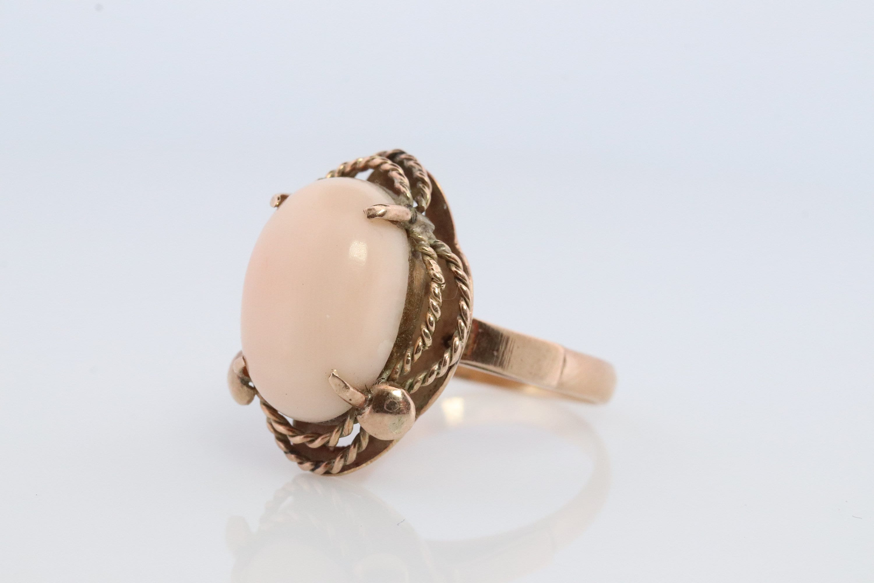 14k Large Oval Pink Angel Skin CORAL ring. NATURAL Coral Cabochon statement ring