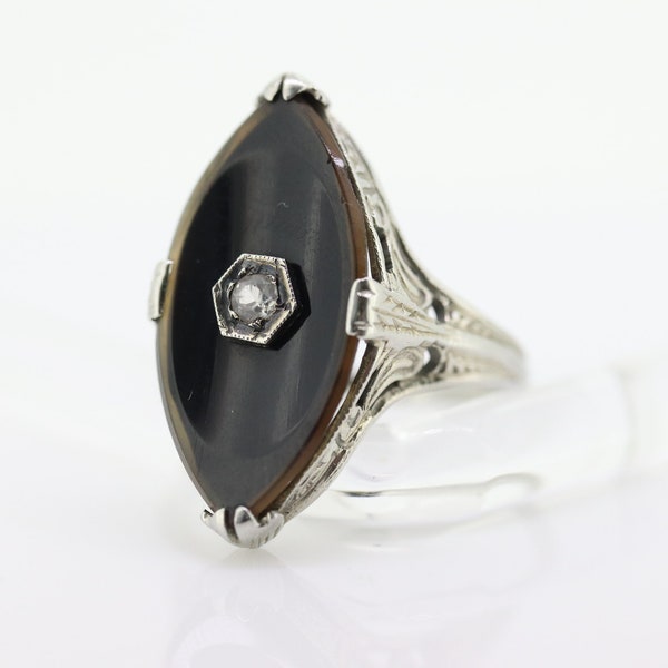 Art Deco Onyx and Sapphire Ring. 14k Filigree White Gold Marquise Onyx and White Sapphire ring. Mourning ring (st230)
