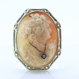 14k White Gold Cameo w/ Diamond, Vintage Filigree Carved Shell Brooch Pin or Pendant. Carved Cameo Shell Pendant and Brooch. st(106)