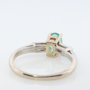 14k Oval Emerald and Baguette diamond ring. 14k white gold Green Emerald solitaire. image 9