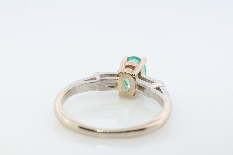 14k Oval Emerald and Baguette diamond ring. 14k white gold Green Emerald solitaire. image 9