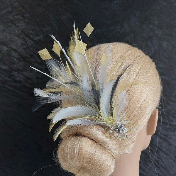 Unique Yellow Navy and pale blue feather fascinator handmade flower silver comb UK handmade with Swarovski crystal & gift keepsake box