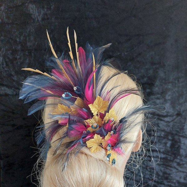 Unique Navy Blue and fuchsia pink gold feather Fascinator maple leaves gold Comb UK handmade with Swarovski Crystal & gift keepsake box