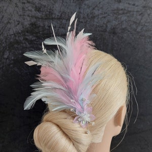 Unique light blue and pink silver feather fascinator handmade flower on silver comb UK handmade with Swarovski crystal & gift keepsake box