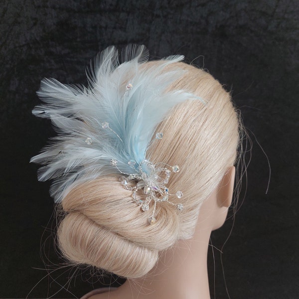 Unique Light blue feather fascinator handmade flower pale blue on silver comb UK handmade with Swarovski crystal & gift keepsake box