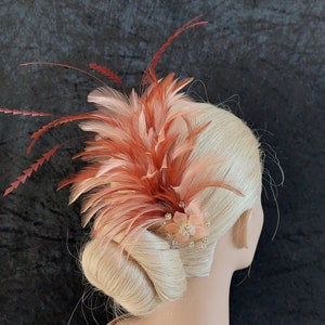 Unique Rust & Orange feather Fascinator UK handmade Jewel with Swarovski crystal, comb, giftbox