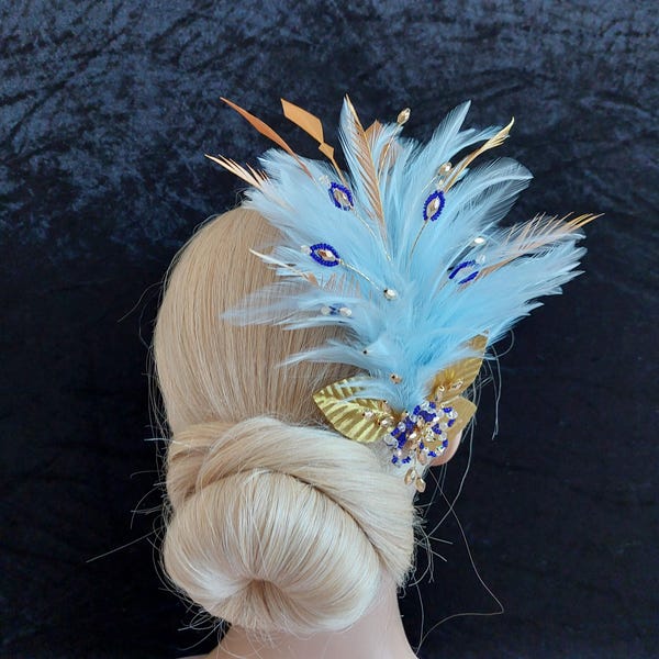 Unique Cobalt & Light Blue gold leaves Feather Fascinator: UK Handmade jewel with Swarovski Crystal, giftbox