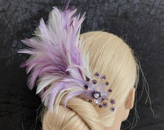 Unique Lilac yellow and purple feather Fascinator handmade flower large silver Comb UK handmade with Swarovski crystal & gift keepsake box