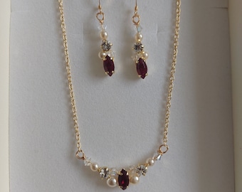 Limited Edit Red garnet dark ruby jewellery set earrings and necklace with Ivory pearls UK handmade with Swarovski crystal in gift box