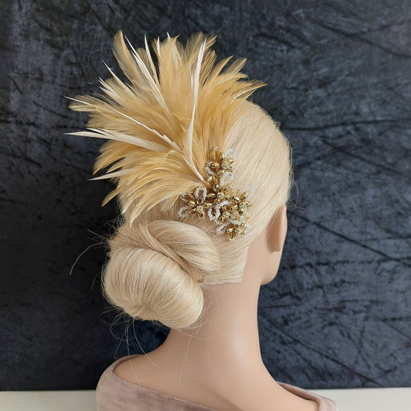 Unique Gold feather fascinator cream ivory feathers handmade flower Jewel gold comb UK handmade with Swarovski crystal & gift keepsake box