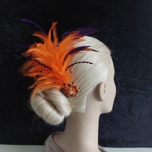 Unique Purple and Hot Orange feather fascinator handmade brooch strands gems silver comb handmade with Swarovski crystal & gift keepsake box